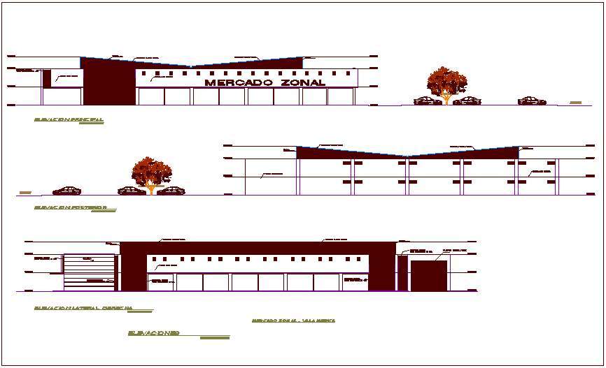 Elevation with different axis of zonal market dwg file