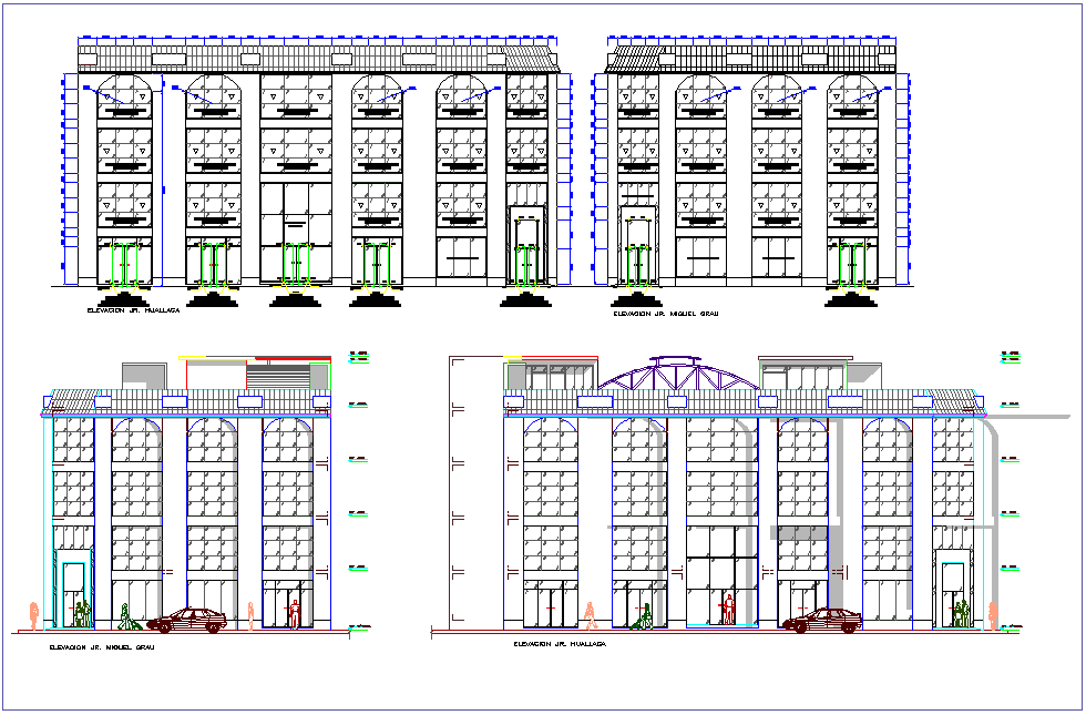 Elevation with different axis view for commercial building dwg file
