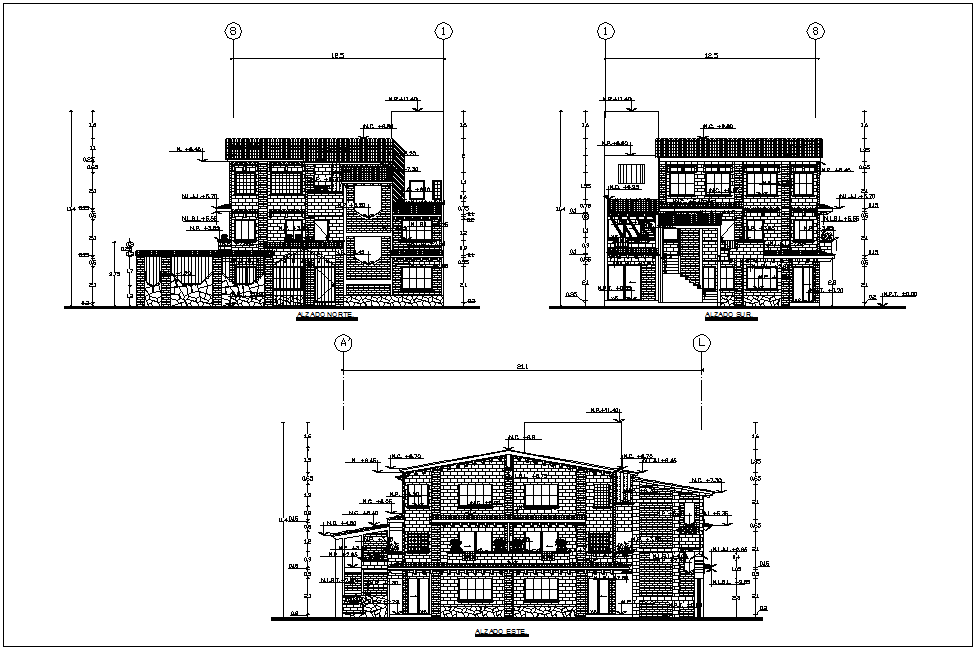 Elevation with different axis view for house building dwg file