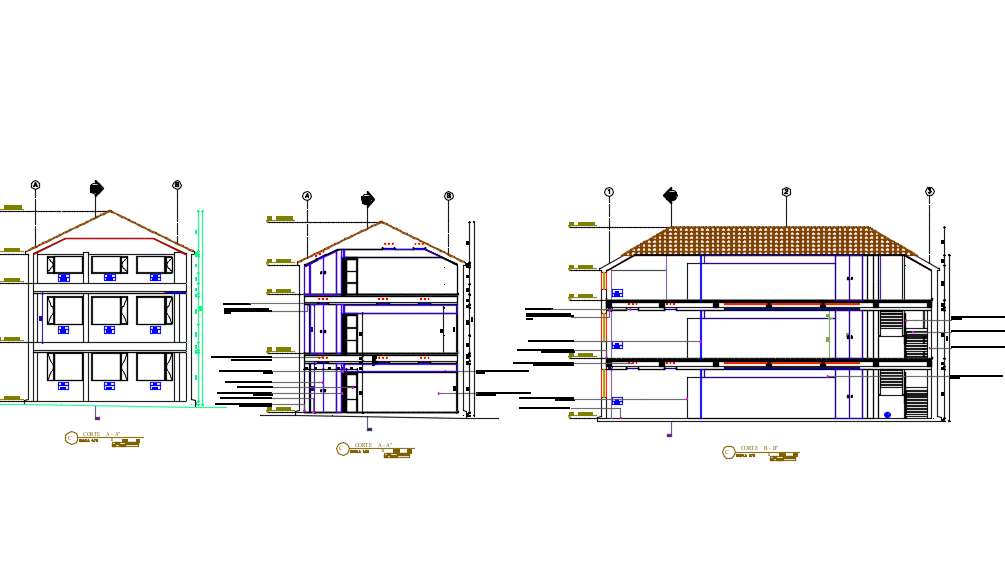 Elevation with different axis view for house dwg file