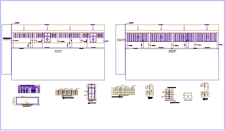 Elevation with door and detail view of classroom project dwg file