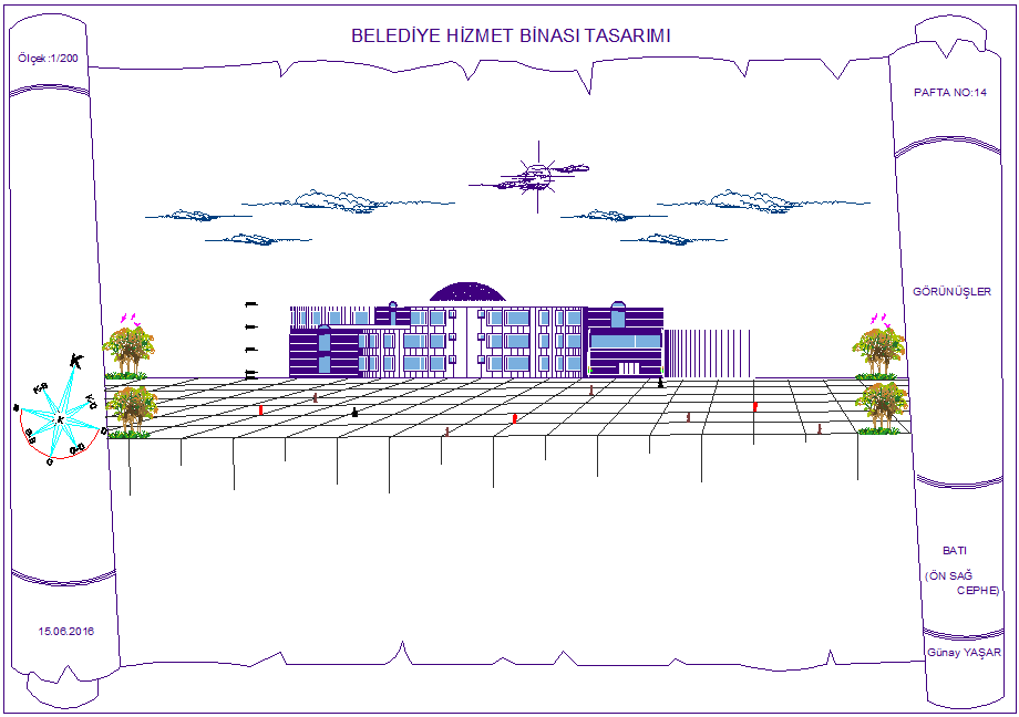 Elevation with front view of municipal building with architectural view dwg file