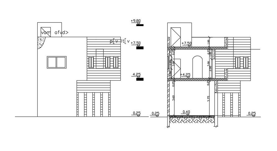 Elevation And Section Of 14x9 Meter House CAD File
