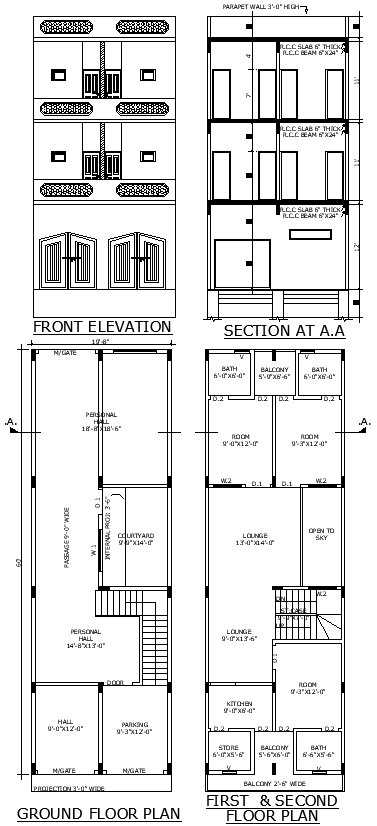DWG File of Elevation and Section with Floor Layout Plan