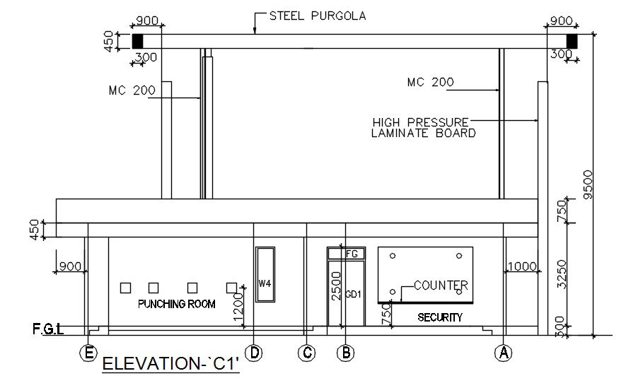 Elevation C1 of factory in detail AutoCAD drawing, dwg file, CAD file