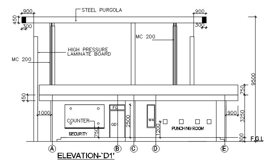 Elevation D1 of factory in detail AutoCAD drawing, CAD file, dwg file