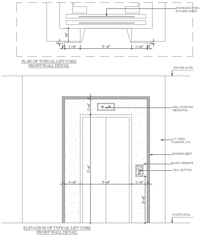 Elevation Detail and Plan of Standard Lift Core Front Wall Drawing In DWG File