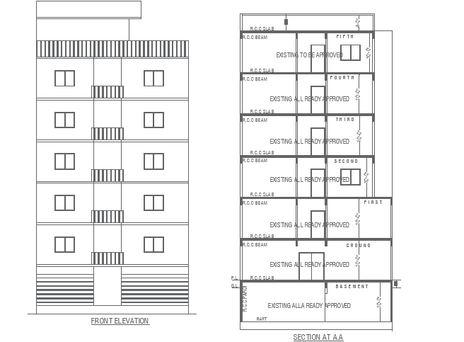 Elevation and Section Details of 6-Storey Building in DWG File