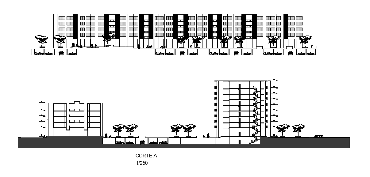 Elevation and Section view of the multifamily house plan is given in the 2D Autocad drawing file. Download the Autocad 2D drawing file.
