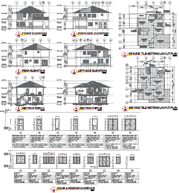 Elevation and Tile-Setting Layout Plan for Two-storey Residential House with Door-Window Schedule in DWG File