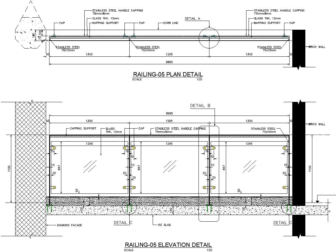 Elevation and plan of railing section in detail AutoCAD drawing