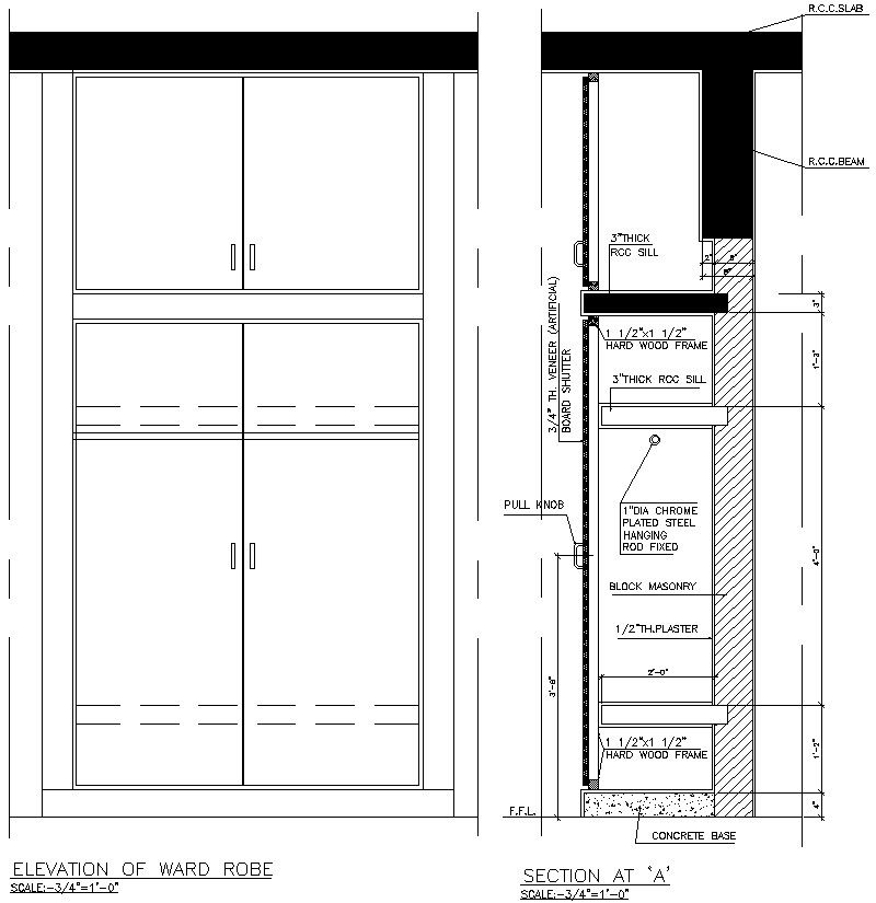 Elevation and section details of wardrobe in AutoCAD, dwg file.
