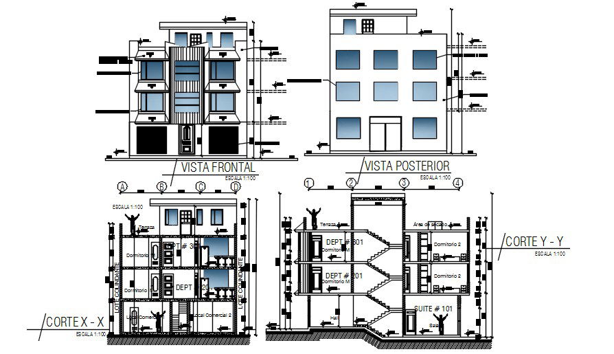 Elevation and section of 10x11m house plan cum local commercial plan is given in this Autocad drawing file. Download now,