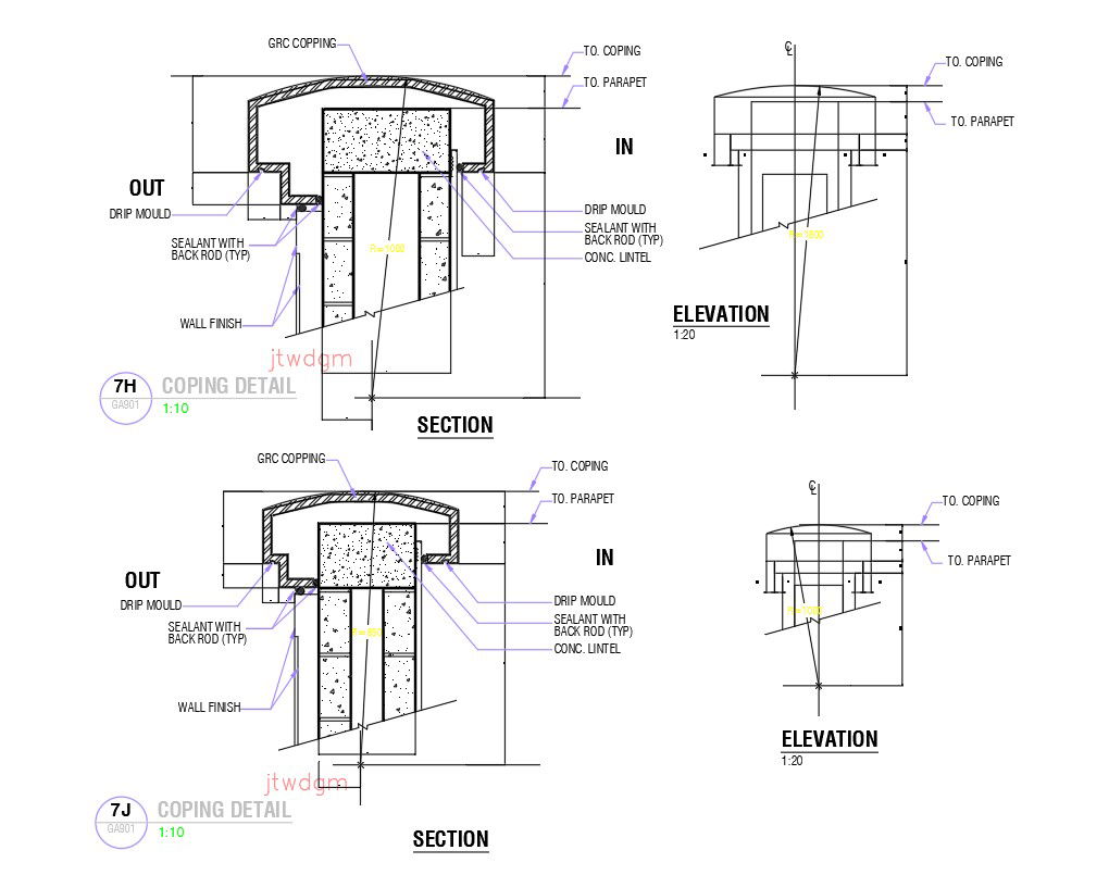 Elevation and section of coping detail in AutoCAD 2D drawing, dwg file, CAD file