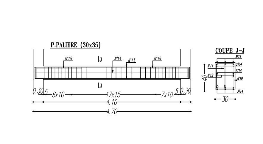 Elevation and section plan of beam with reinforcement details in AutoCAD 2D drawing, CAD file, dwg file