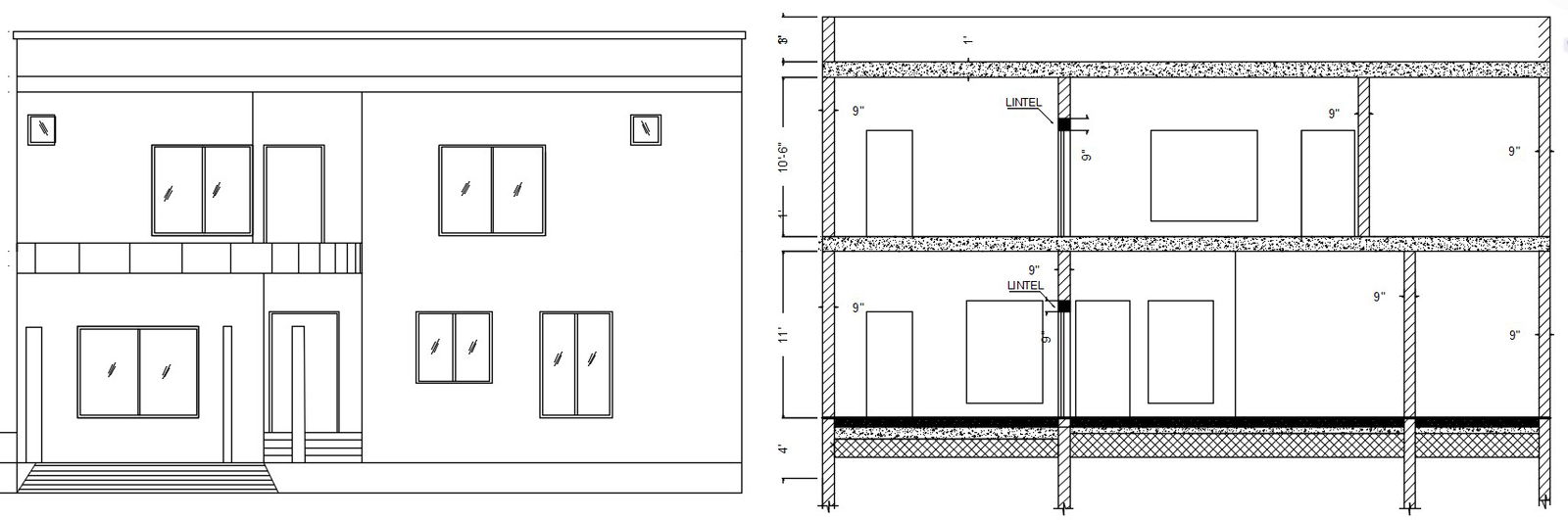 2D AutoCAD Drawing Showing House Elevation and Section