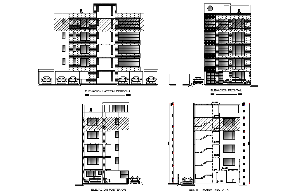 Elevation and section view of 12x25m apartment building plan is given in this Autocad drawing file.