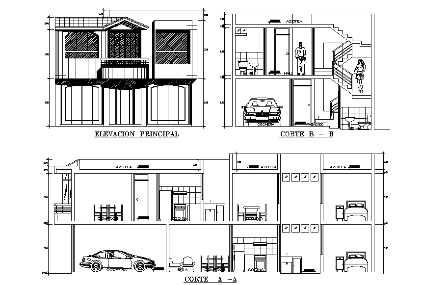 Elevation and section view of 16x8m house plan is given in this Autocad drawing file. Download now.