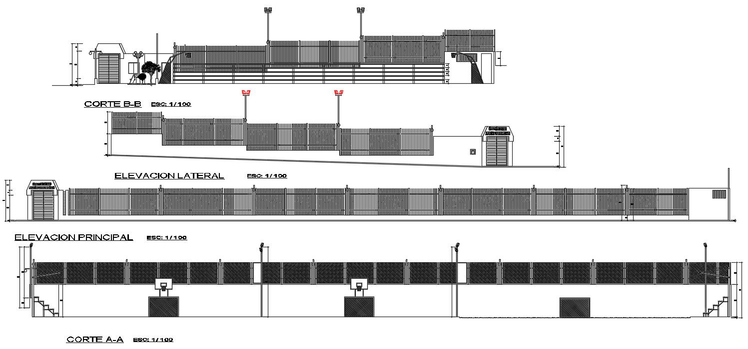 Elevation and section view of 70X40m sports plan is given in this Autocad drawing file. Download now.