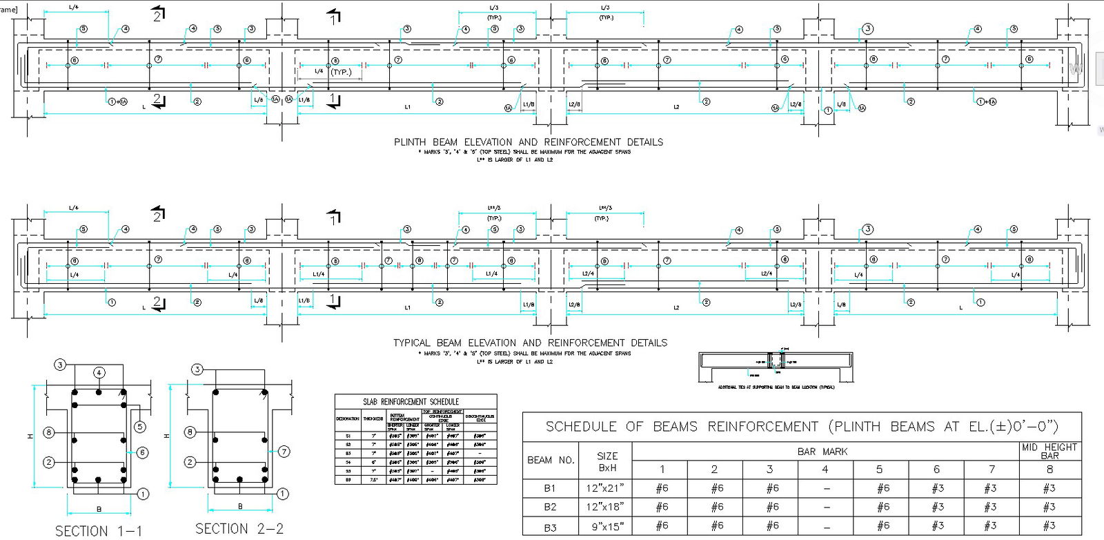 Elevation and section view of beam with reinforced design of beam dwg file