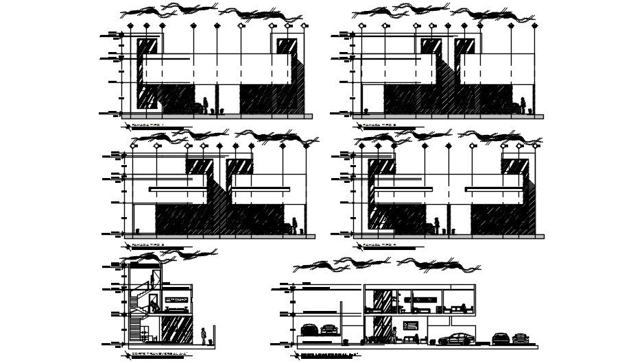 Elevation and section view of the building is given. Download the 2D Autocad file.