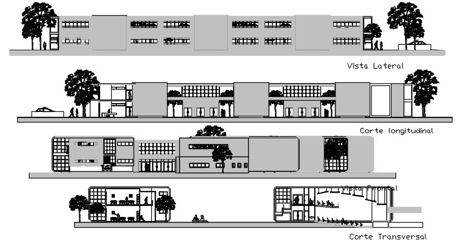 Elevation and Section View of School Building in AutoCAD DWG File