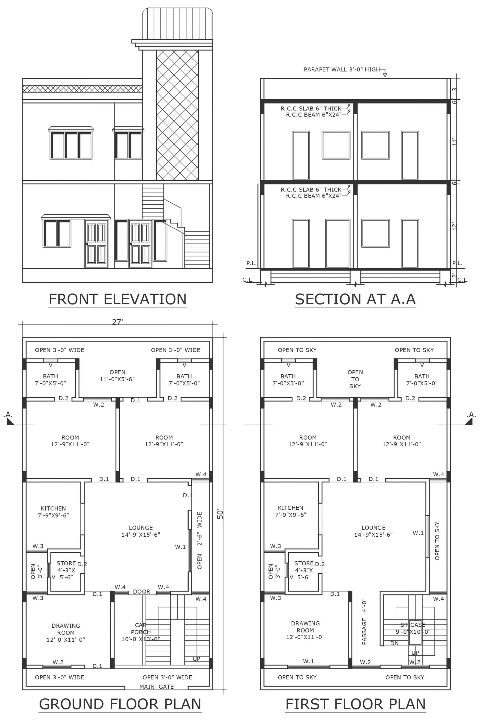 Elevation design with external staircase of double storey house DWG autoCAD drawing