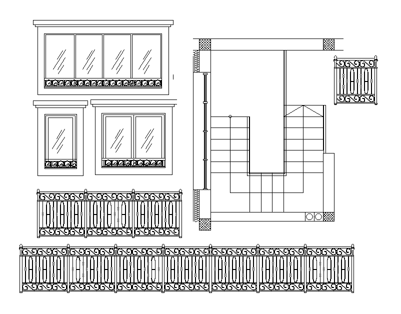Elevation detail drawing of staircase, railing, window defined in this AutoCAD file. Download this 2d AutoCAD drawing file.