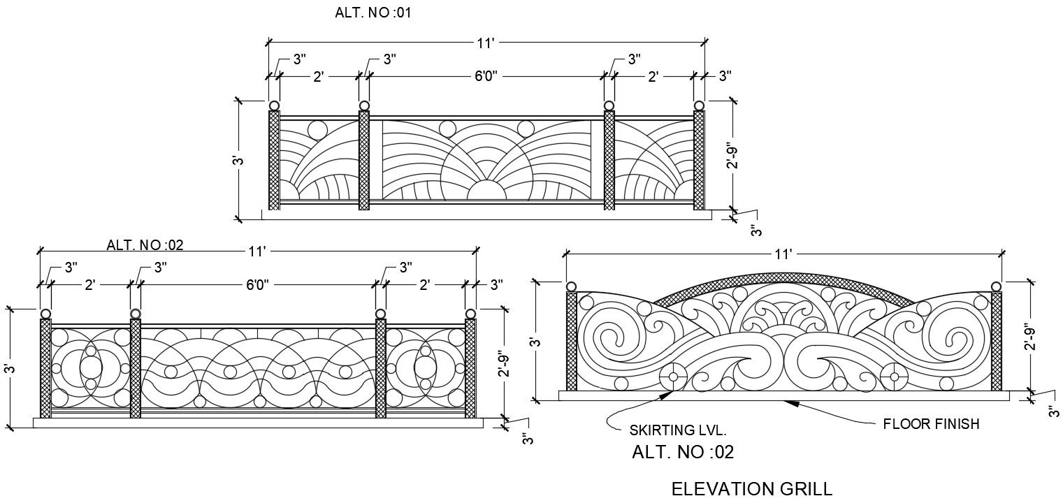 Elevation detail of grill drawing presented in this AutoCAD file. Download the AutoCAD file.