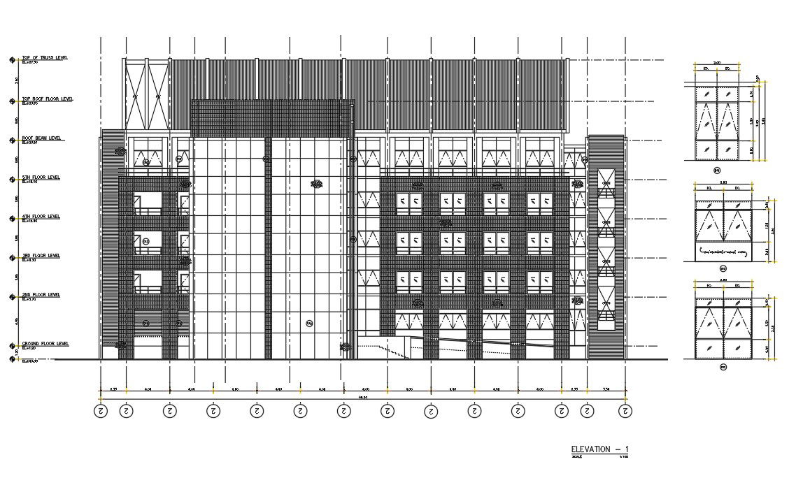 Elevation details of hospital building were shown in this Autocad 2D DWG drawing file.  Download the Autocad DWG drawing file.