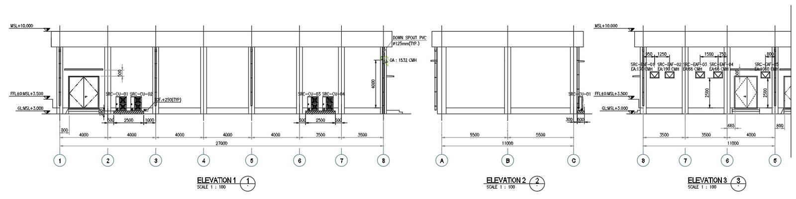 Elevation drawing describing ducting section details in AutoCAD, dwg file.