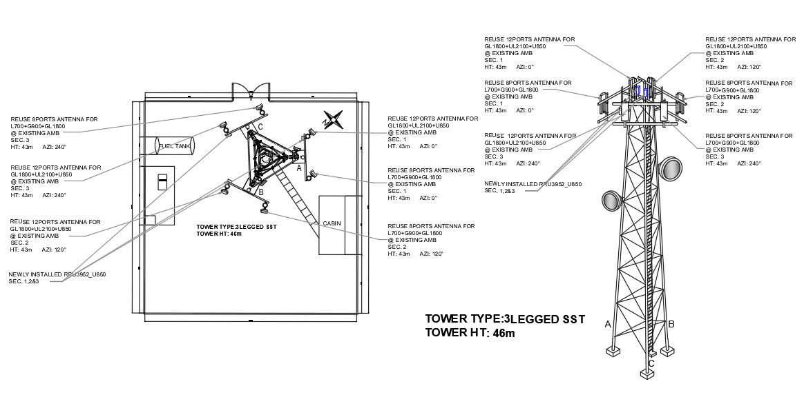 Elevation layout of the Three legged self supporting tower with 46m height is given in 3D Autocad model drawing. Download the Autocad DWG drawing file.