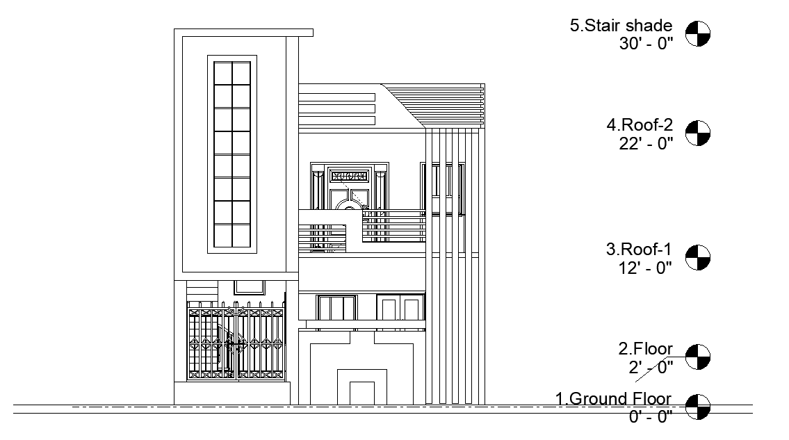 Elevation of 24’x30’ East facing house plan is given as per vastu shastra in this Autocad drawing file. Download now.
