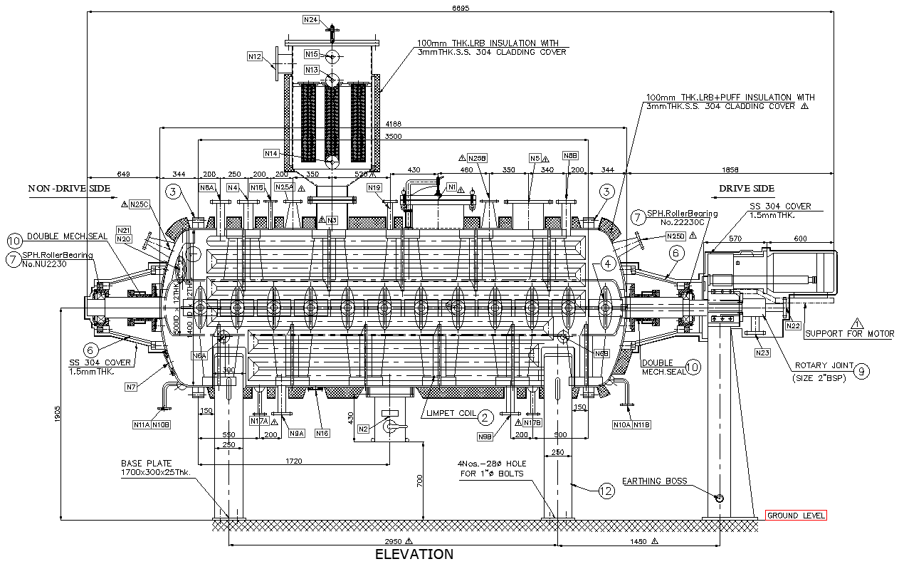 Elevation of Rotary Vaccum Paddle Dryer Detail DWG AutoCAD file