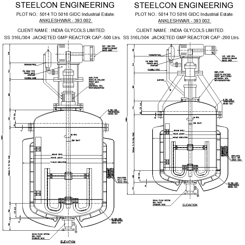 Elevation of SS316I-304Jacketed GMP Reactor capacity 500liter Detail DWG AutoCAD file