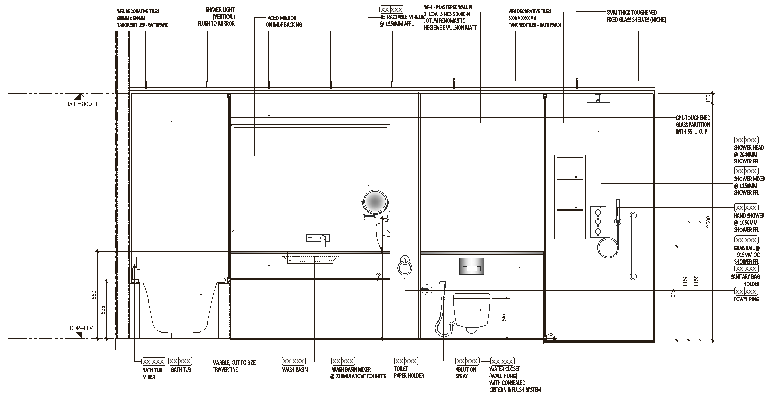 Elevation of bathroom with detail of each sanitary block DWG AutoCAD drawing