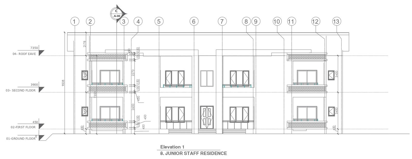 Elevation of junior staff residency house plan with detail drawings dwg autocad drawing