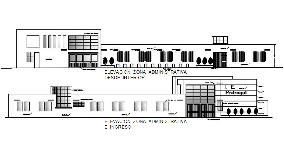Elevation of the administrative area from an inside drawing provided in this AutoCAD file. Download the AutoCAD drawing file.