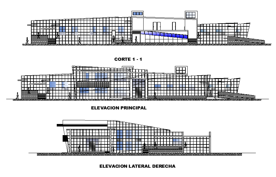 Elevation of the administrative office building is given in this Autocad drawing model. Download now.