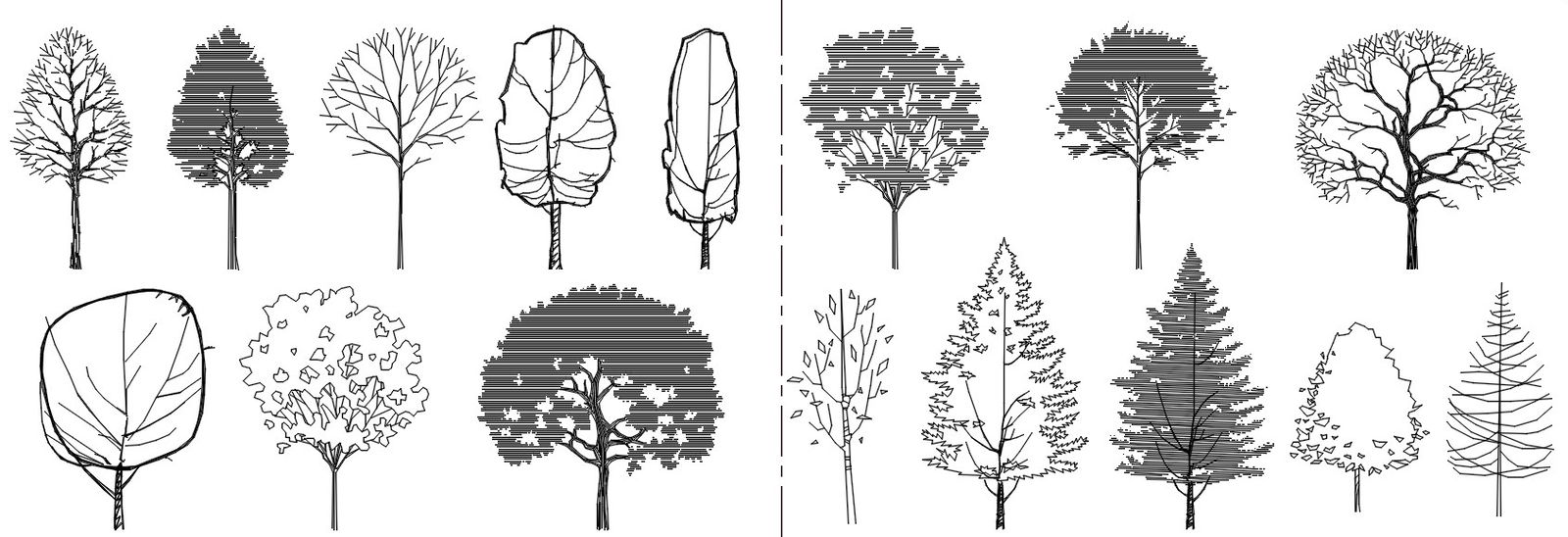 Elevation of trees blocks in AutoCAD 2D drawing, CAD file, dwg file