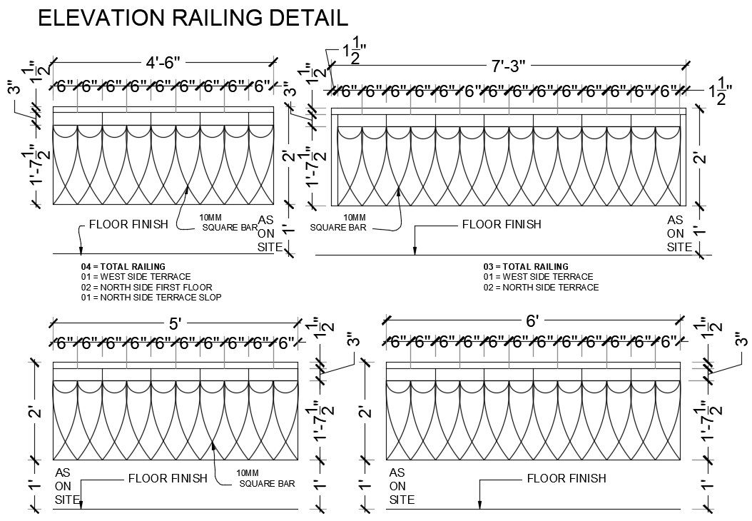 Elevation railing detail drawing defined in this AutoCAD file. Download the AutoCAD file.