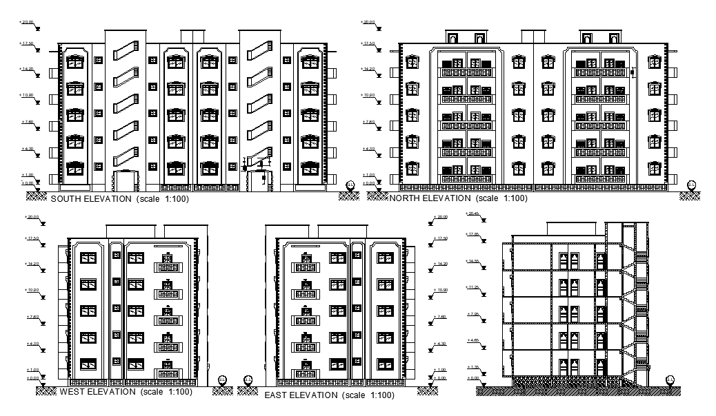 Elevations And Sections Of 33x16 Meter Apartment DWG File