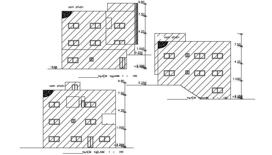 Elevations Of 13x12 Meter House DWG File