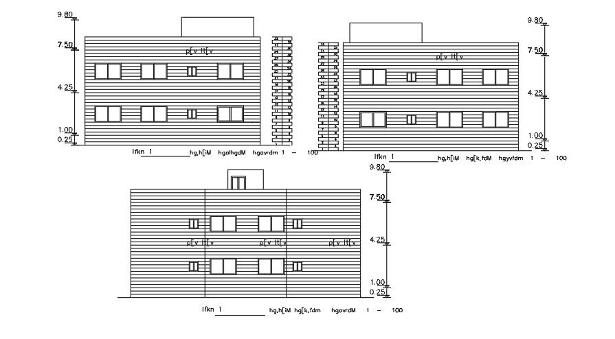 Elevations Of 14x18 Meter 3 BHK Apartment DWG File