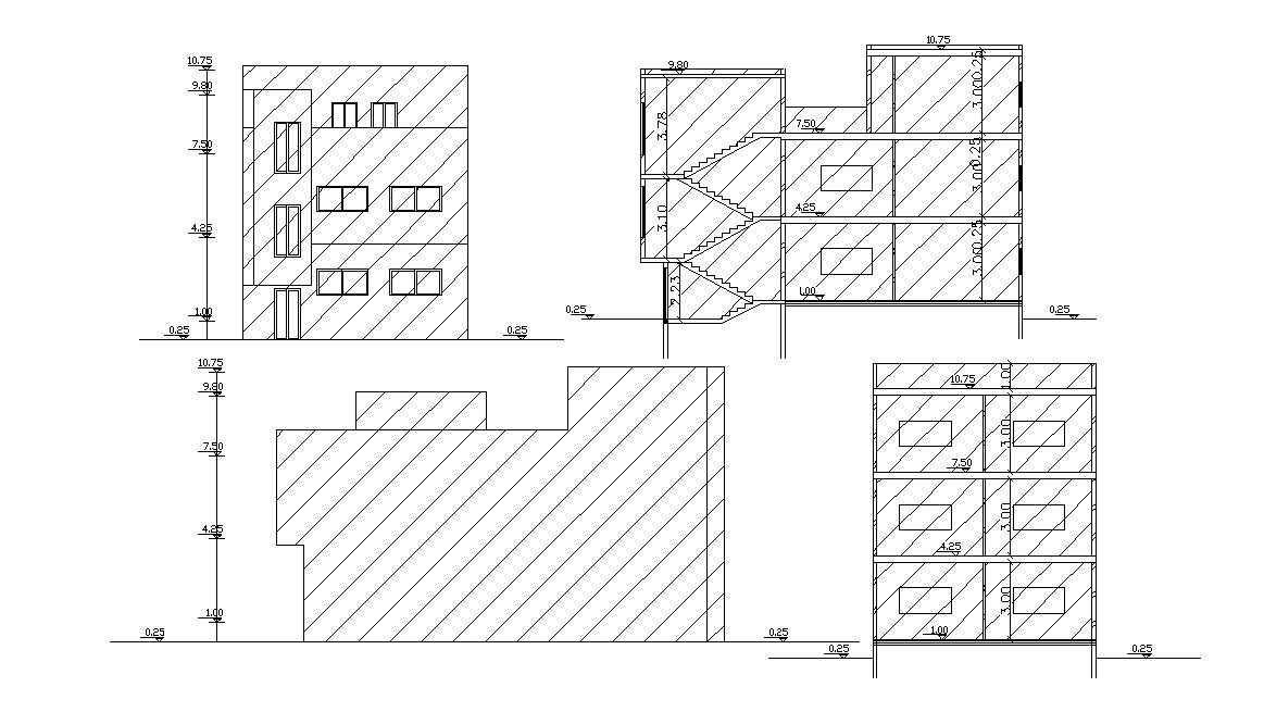 Elevations and sections Of Three Story Building Design DWG File