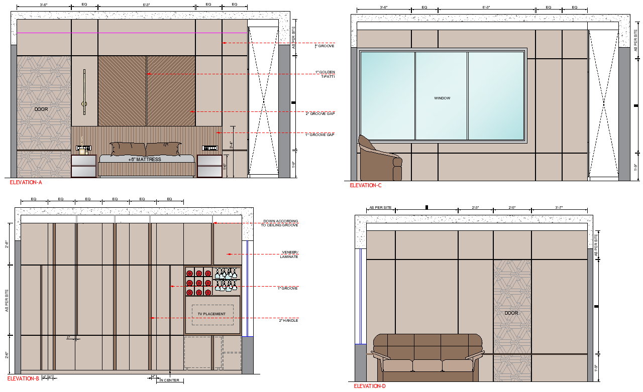 Elevations for four walls with details, render and design dwg autocad drawing .