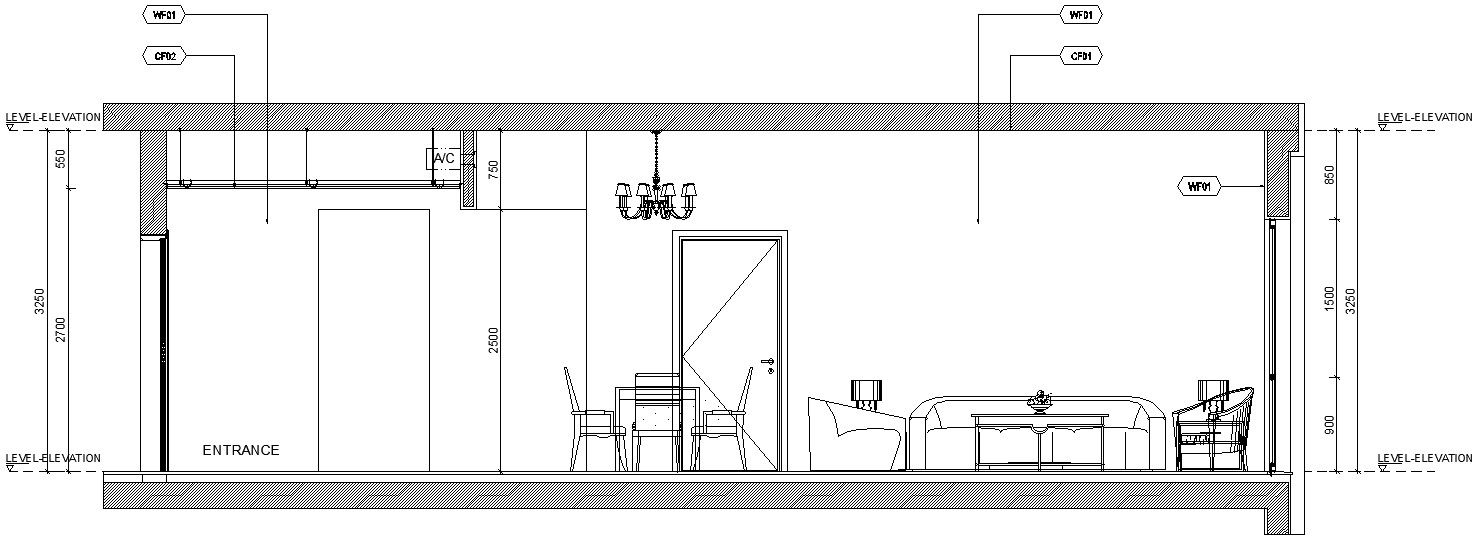 Elevation showing entrance, dinning and living room in AutoCAD, dwg files.