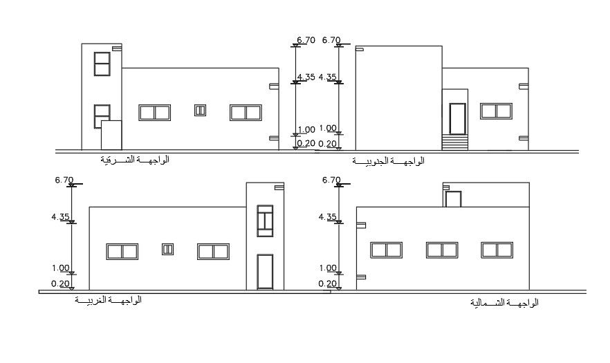 Elevations of 8x11 Meter 2 BHK House Plan AutoCAD File