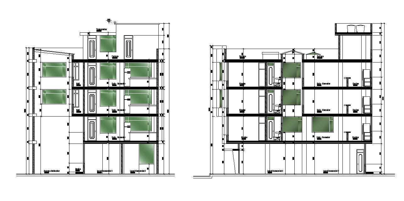 Elevation view of 11x12m architectural house plan is given in this Autocad drawing file. Download now.