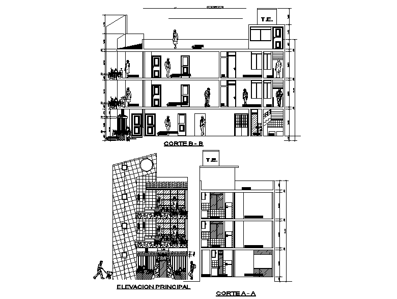 Elevation view of 7x17m house building view is given in this Autocad drawing file. Download now.